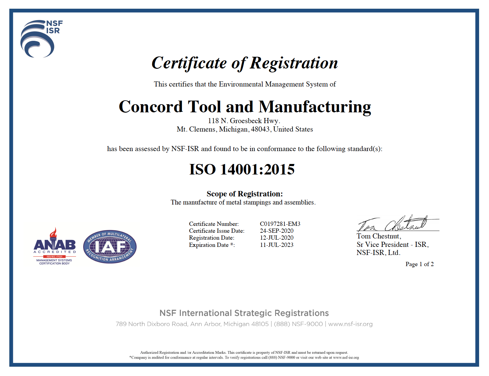 Concord ISO 14001 Certificate