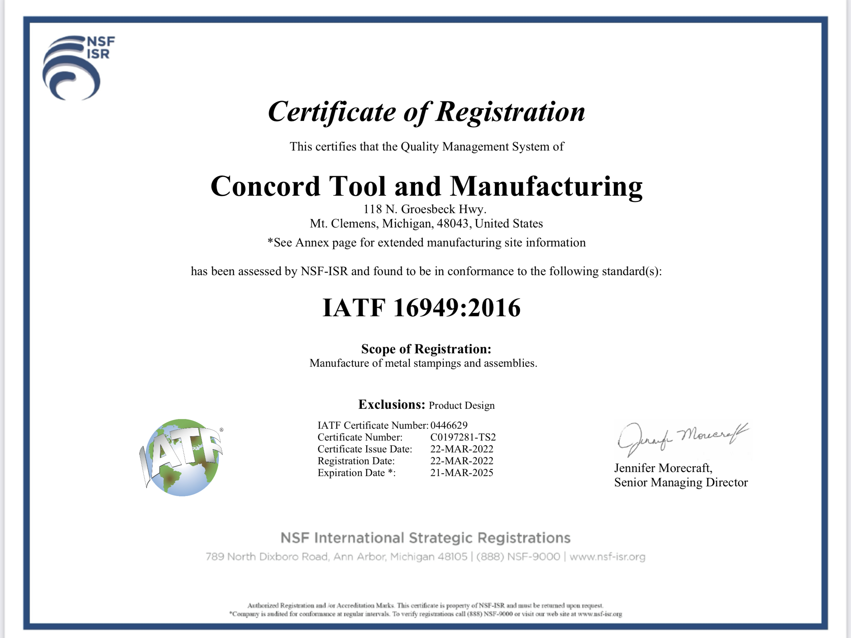 NSF ISR IATF 16949 Concord is certified